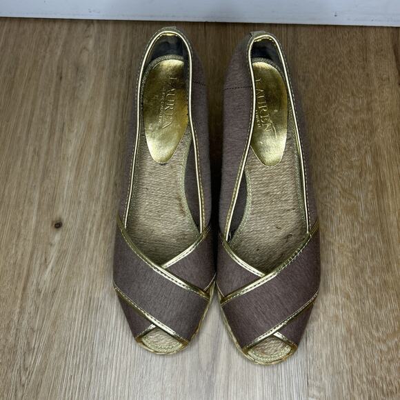 Ralph Lauren Women 9 Cecelia Gray Jersey Gold Trim Espadrille Jute Wedge Peep To - Picture 3 of 9